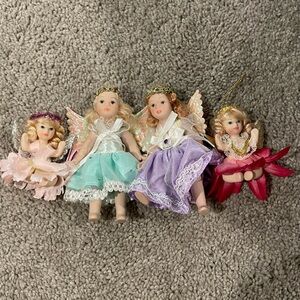 Vintage Set of Four Fairy porcelain Dolls in‎ Colorful Dresses